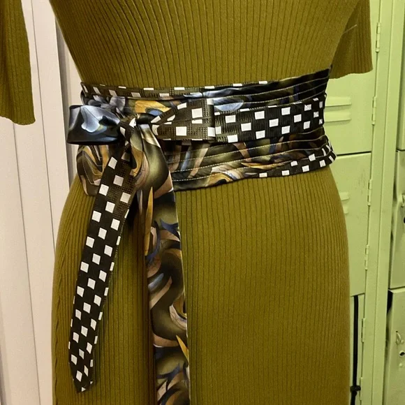 Autumn peach Hunter Green Obi tie wrap belt upcycled men